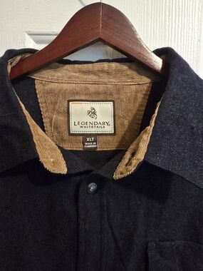 Legendary Whitetails Men's Navy Blue Flannel Shirt with Tan Corduroy Collar